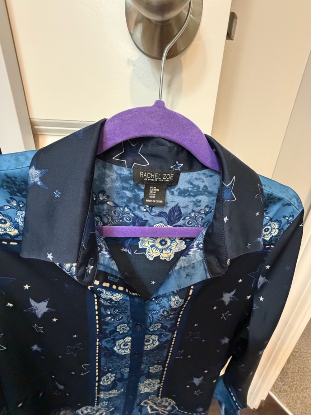 Rachel Zoe Blue Western Floral Star Satin Button-Up Blouse - Picture 2 of 4